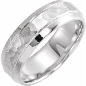 14K White 7 mm Beveled-Edge Band with Hammered Finish Size 8