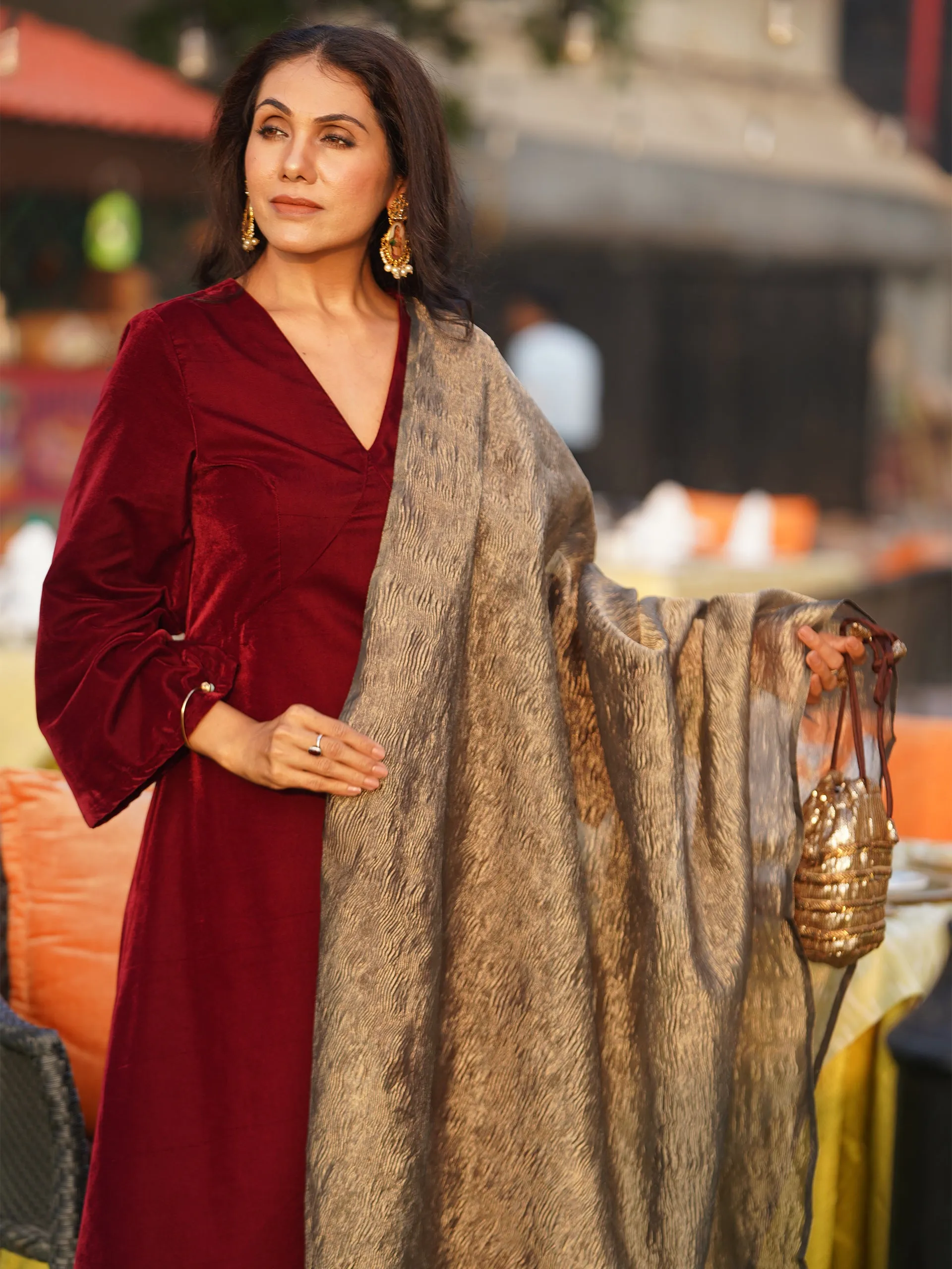 3 pc SET -Maroon Velvet Kurta With Pant And Crushed Tissue Dupatta