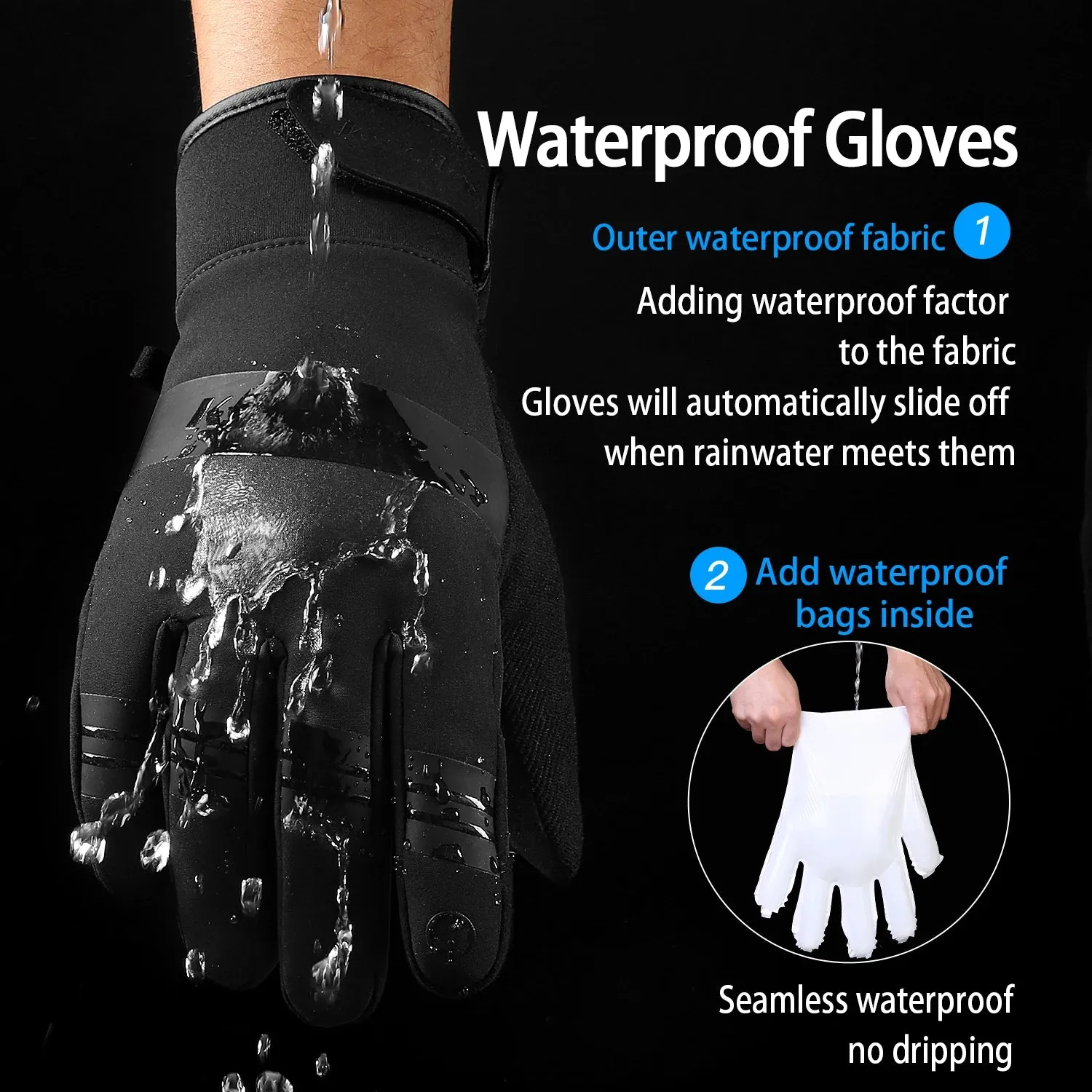 3M Black Waterproof Winter Gloves - Warm Cycling, Outdoor Sports
