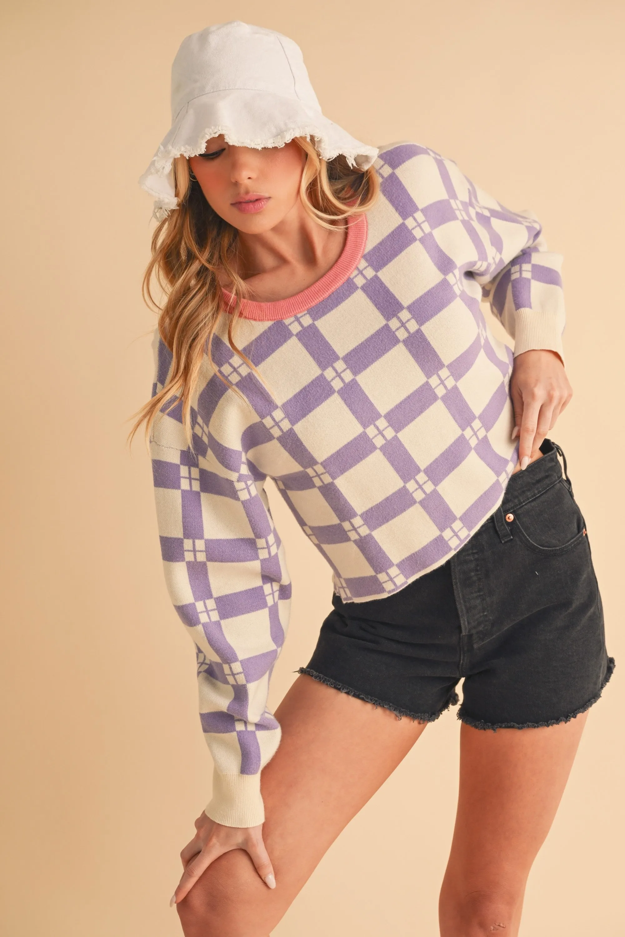 Aemi   Co Plaid Round Neck Drop Shoulder Cropped Sweater