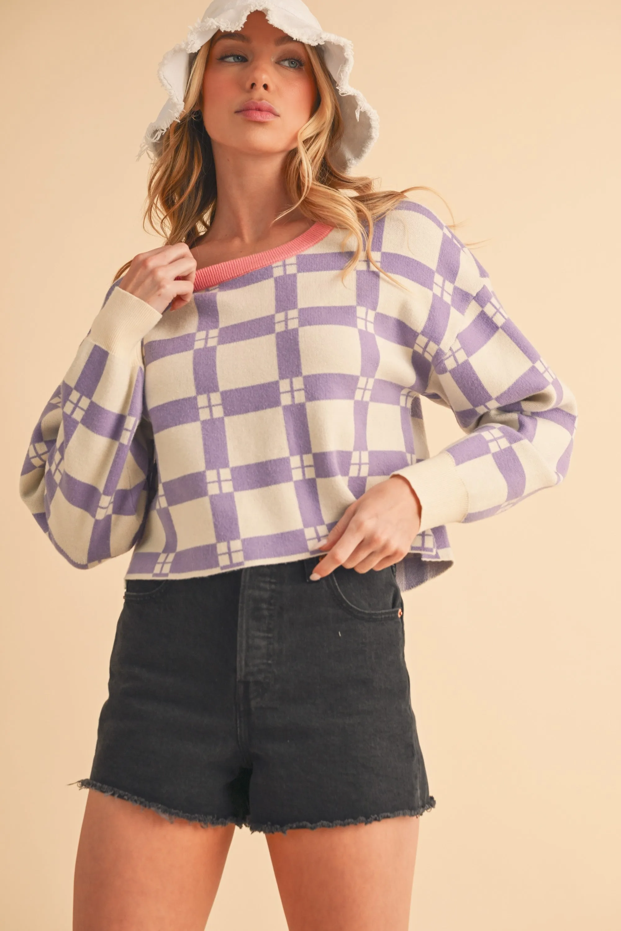 Aemi   Co Plaid Round Neck Drop Shoulder Cropped Sweater