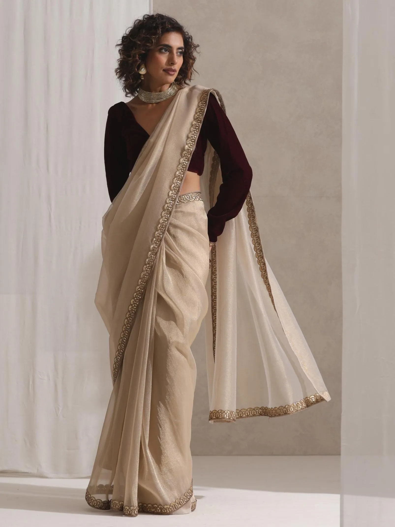 Alchemist Gold Soft Tissue Banarasi Saree with Lace with Velvet Blouse Fabric