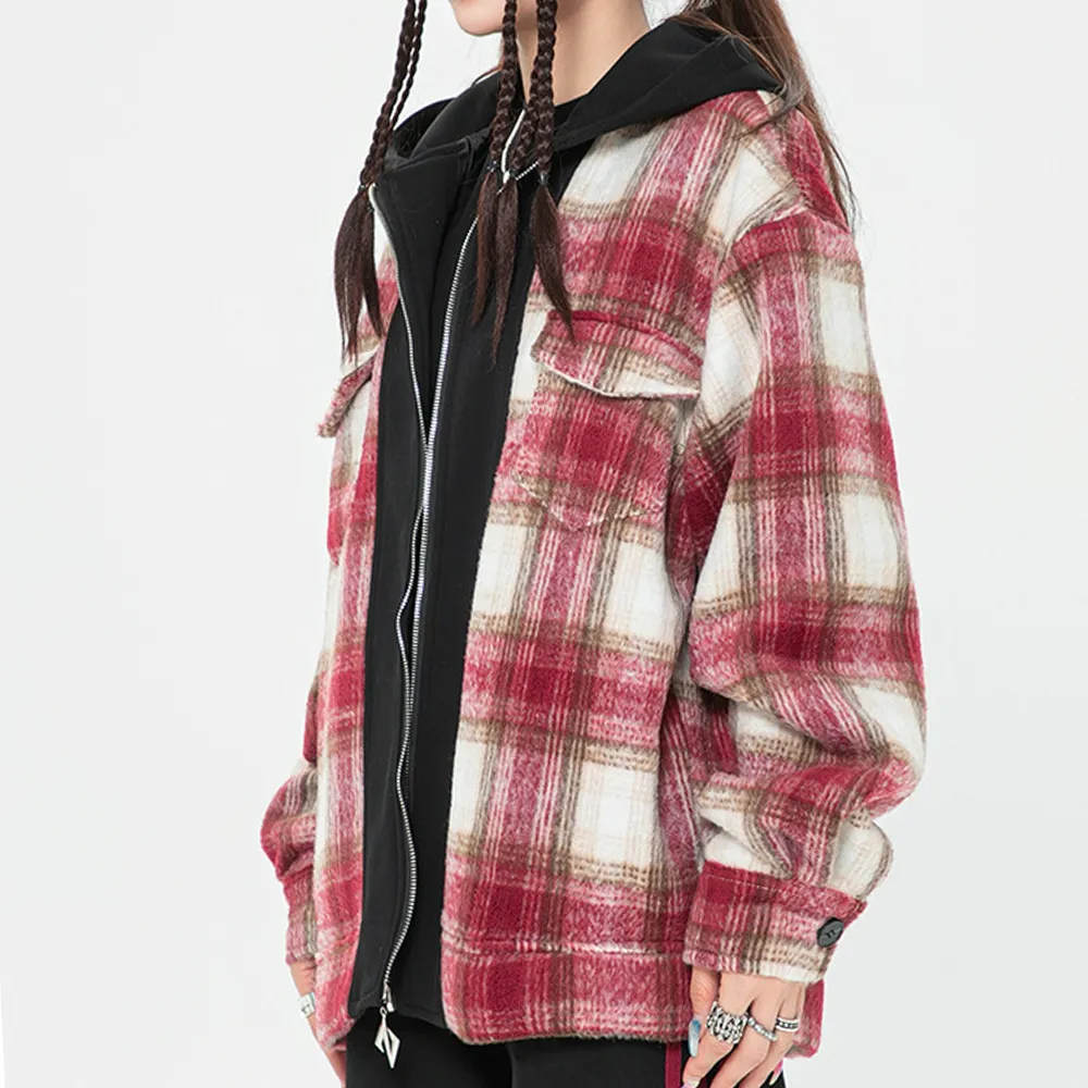 American Plaid Woolen Hooded Jacket