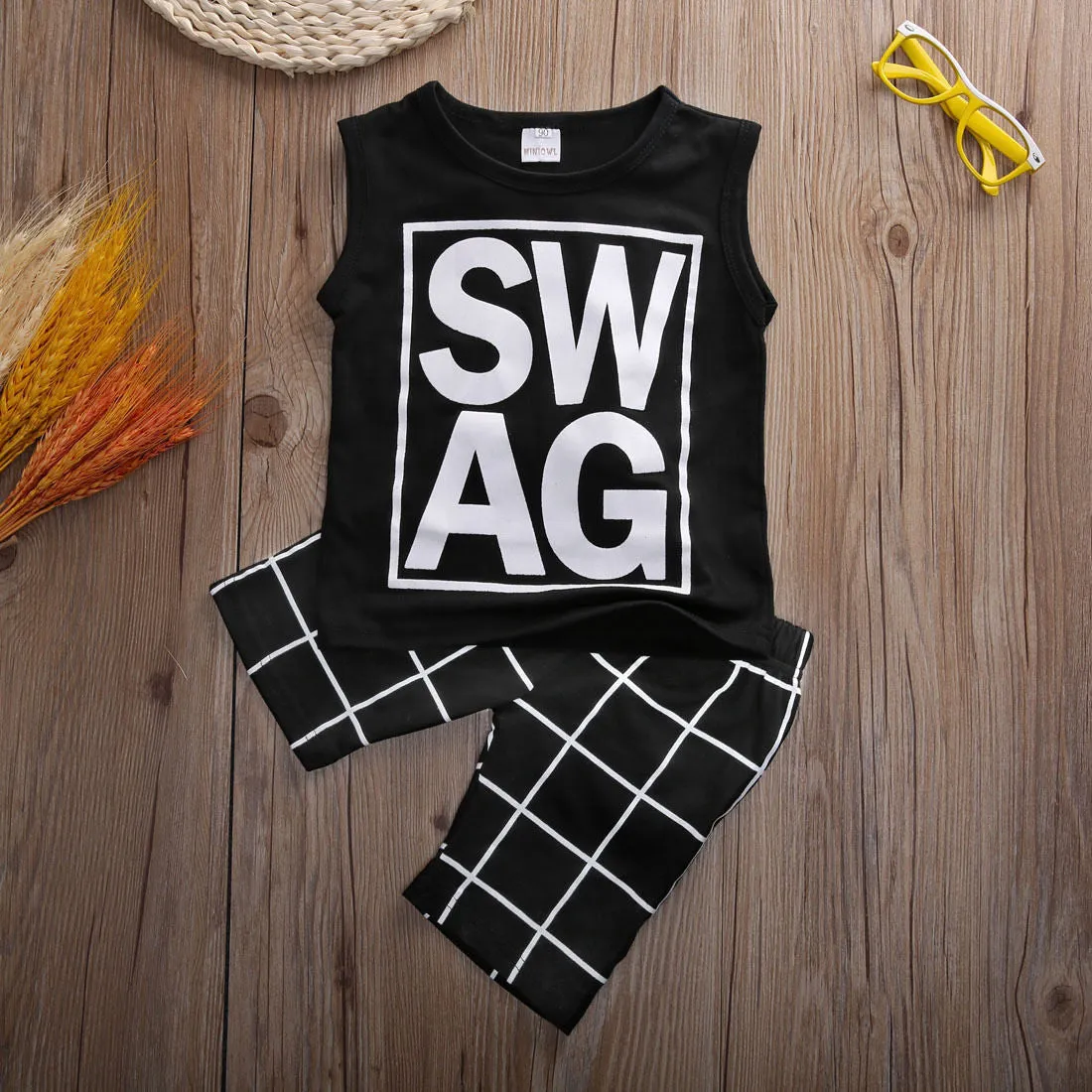 Arriving 2pcs Children Boy Clothes T-shirt Vest Tops   Pants Plaid Harem Casual Black Outfits Sets Boy 1-5 Summer