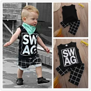Arriving 2pcs Children Boy Clothes T-shirt Vest Tops   Pants Plaid Harem Casual Black Outfits Sets Boy 1-5 Summer