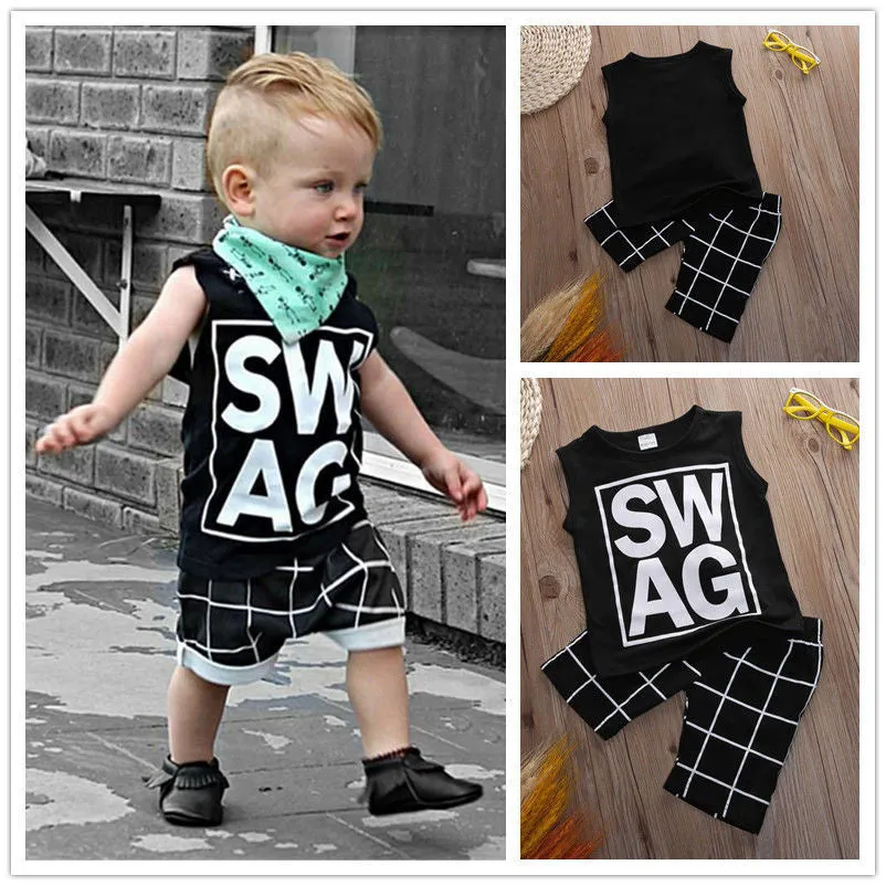 Arriving 2pcs Children Boy Clothes T-shirt Vest Tops   Pants Plaid Harem Casual Black Outfits Sets Boy 1-5 Summer