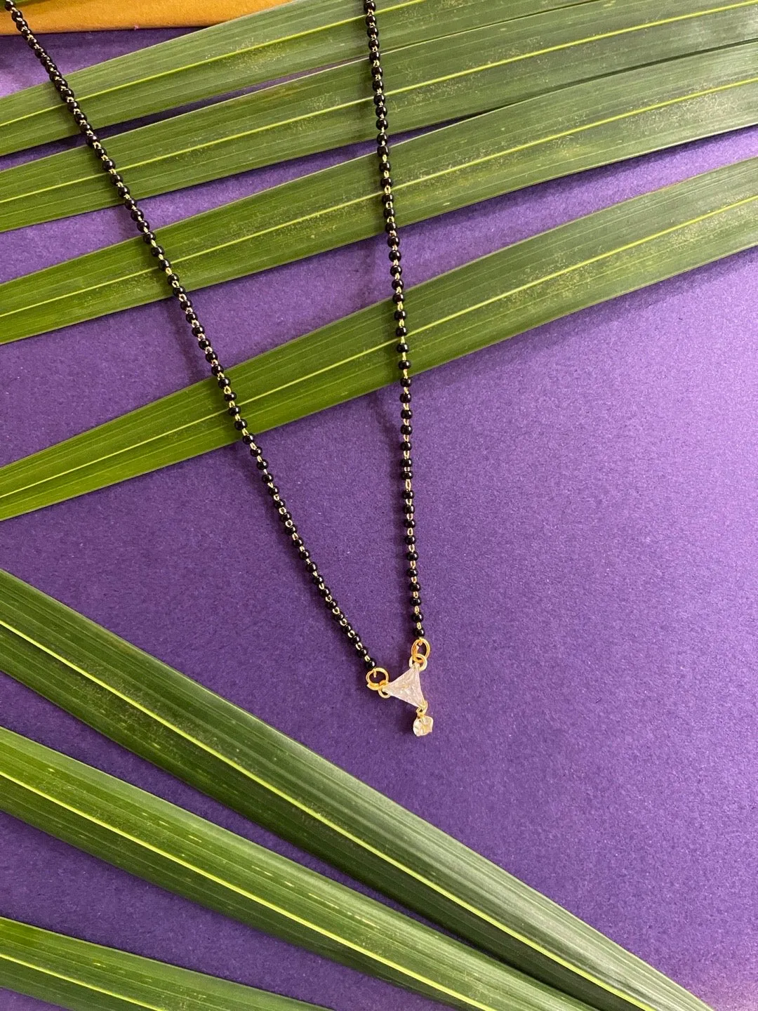 Artificial American Single Diamond Short Mangalsutra Designs Triangle Shape Pendant Simple Black Beads Chain