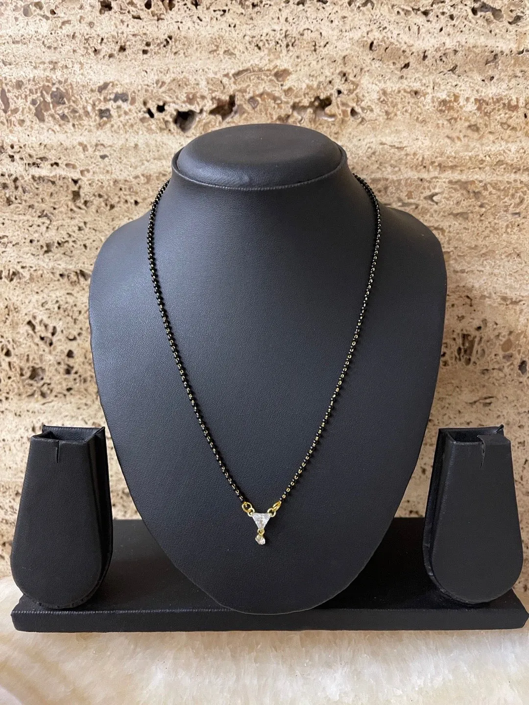 Artificial American Single Diamond Short Mangalsutra Designs Triangle Shape Pendant Simple Black Beads Chain