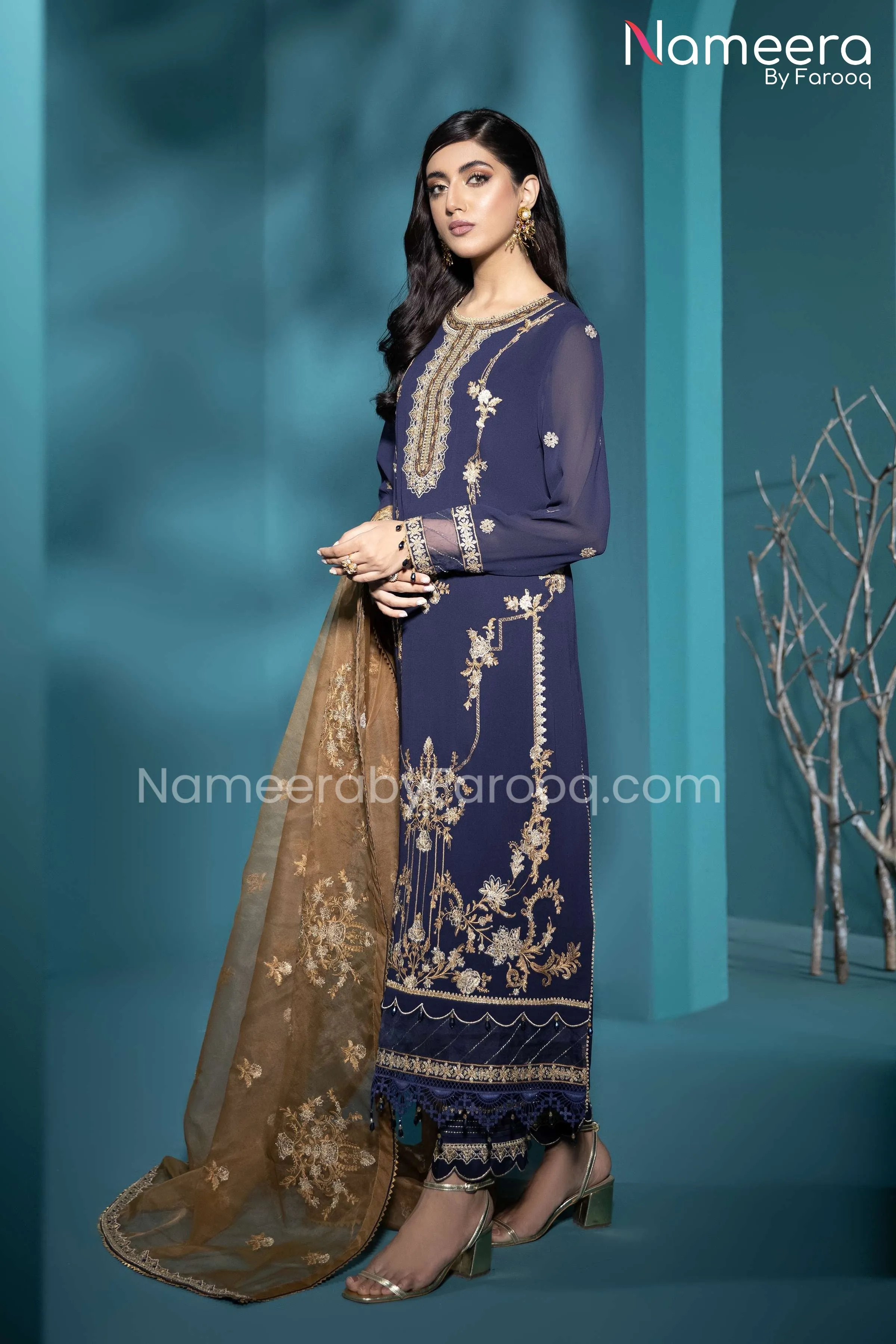 Baroque Pakistani Salwar Kameez Navy Blue Color #PF45
