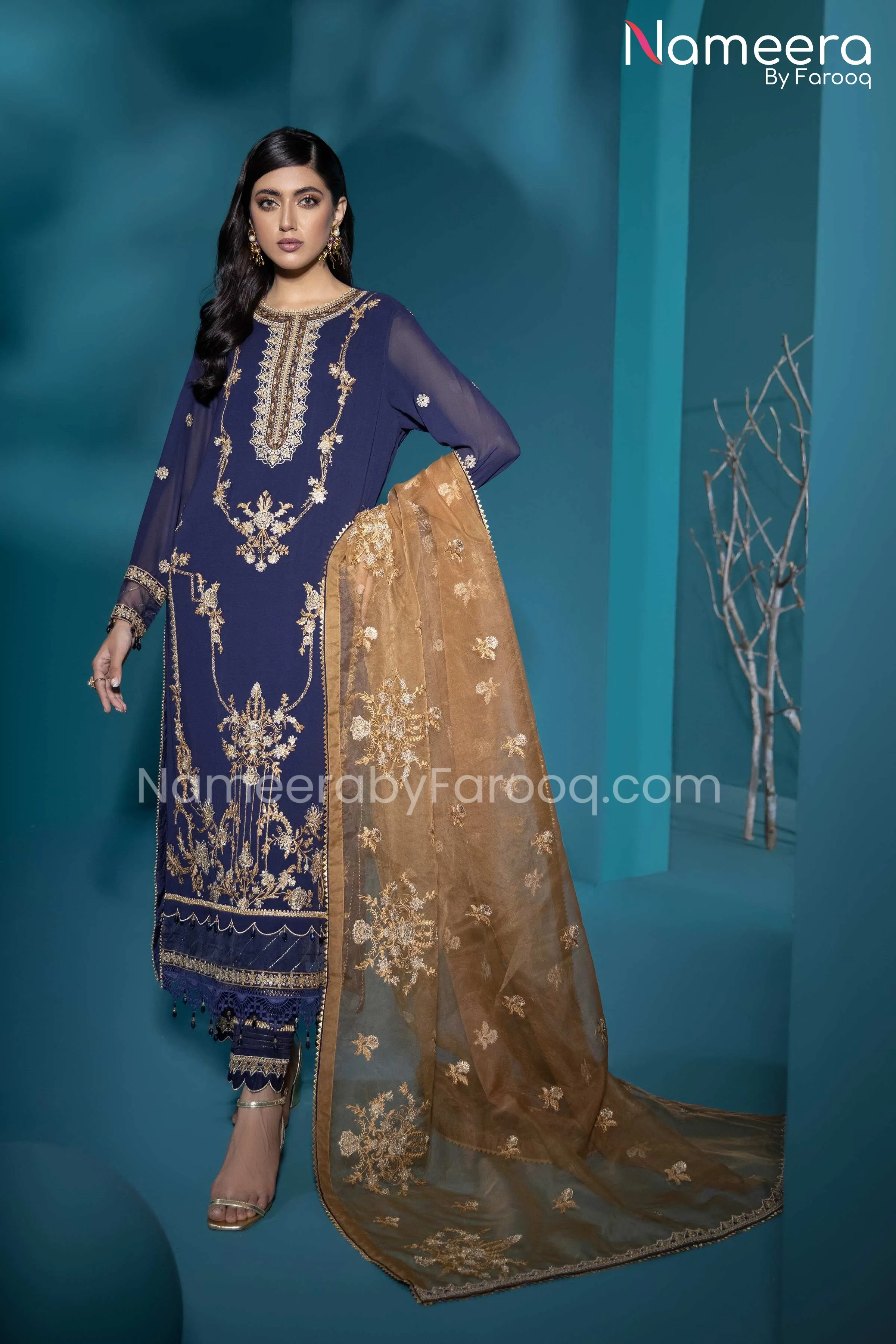 Baroque Pakistani Salwar Kameez Navy Blue Color #PF45