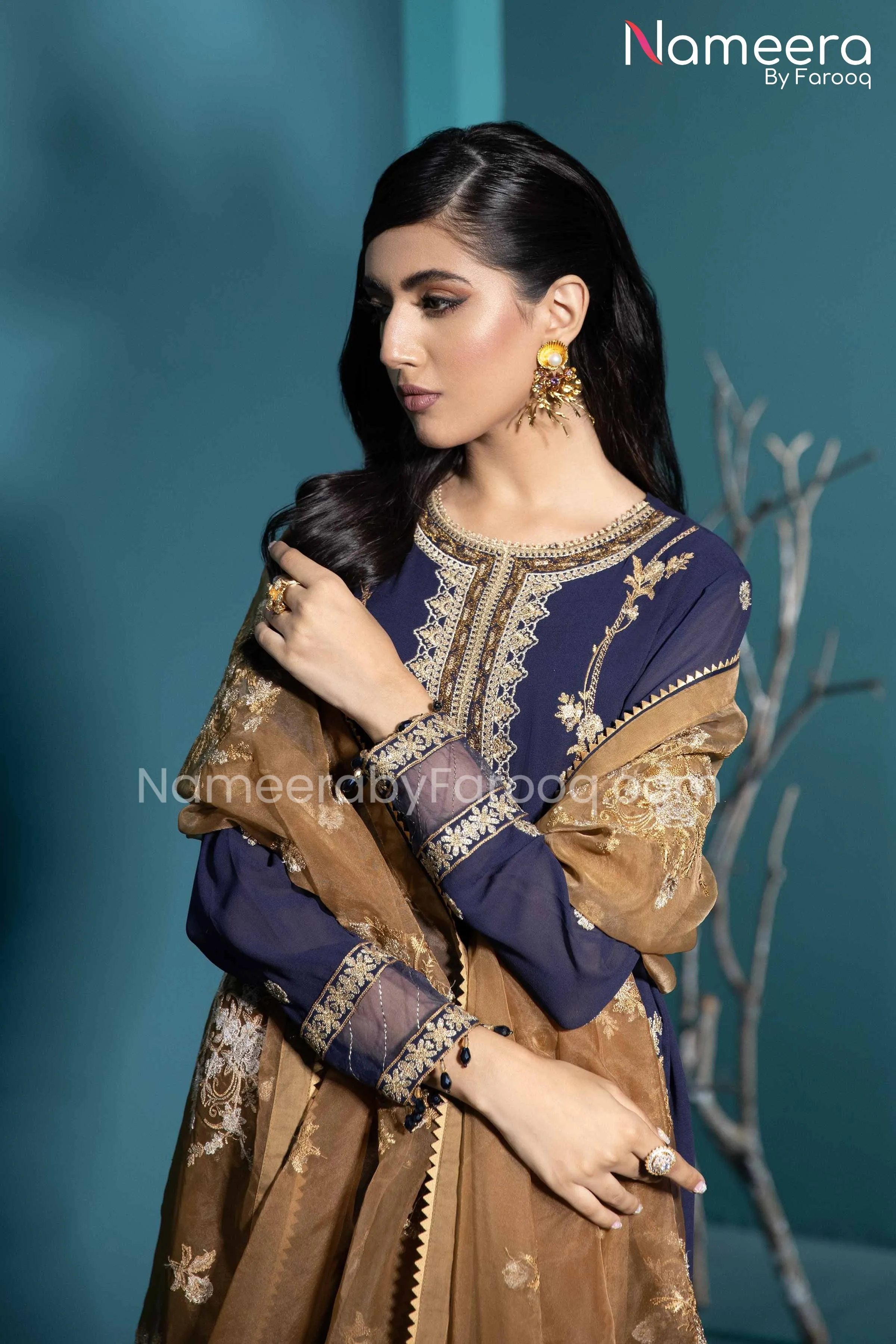 Baroque Pakistani Salwar Kameez Navy Blue Color #PF45