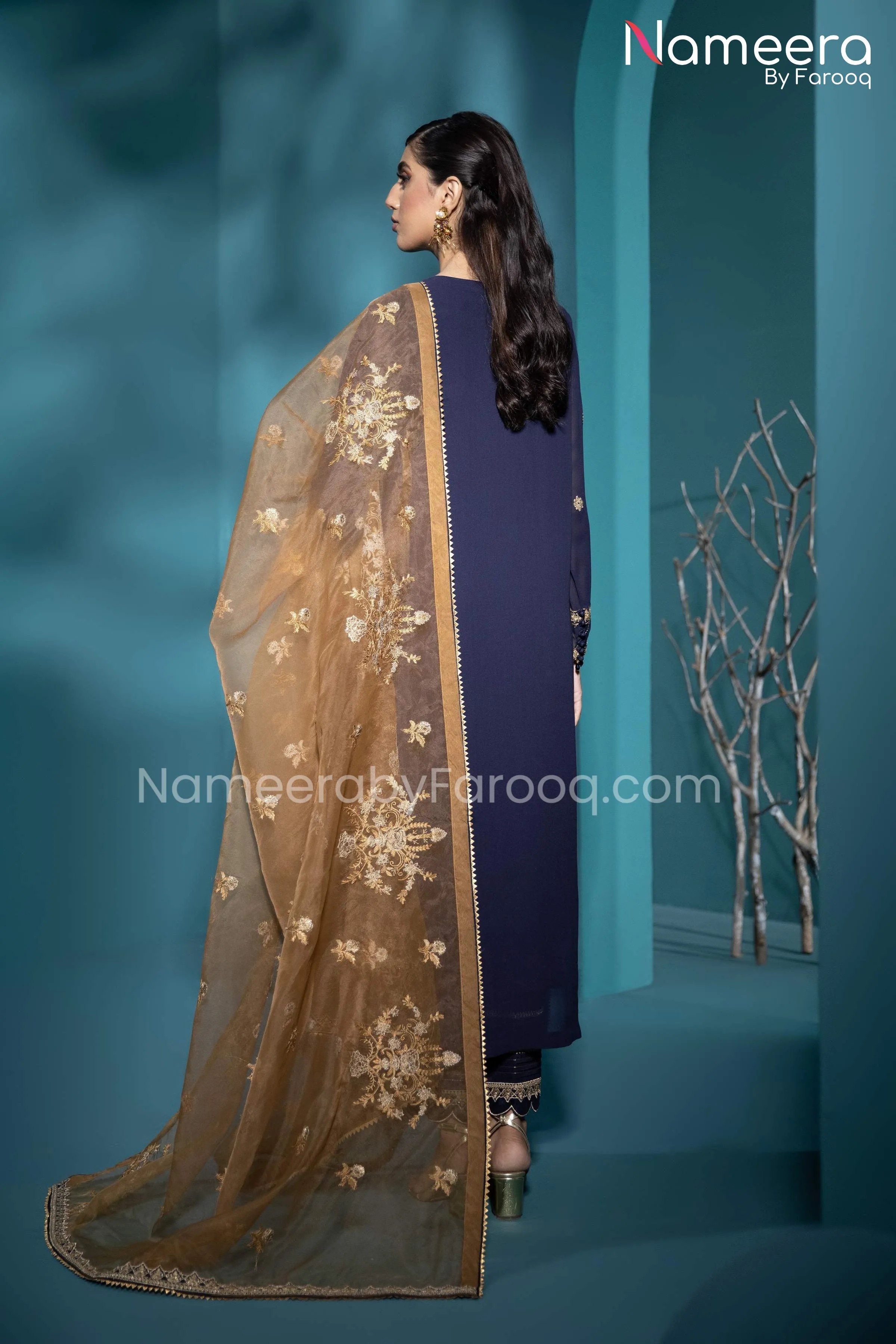 Baroque Pakistani Salwar Kameez Navy Blue Color #PF45