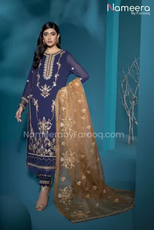 Baroque Pakistani Salwar Kameez Navy Blue Color #PF45