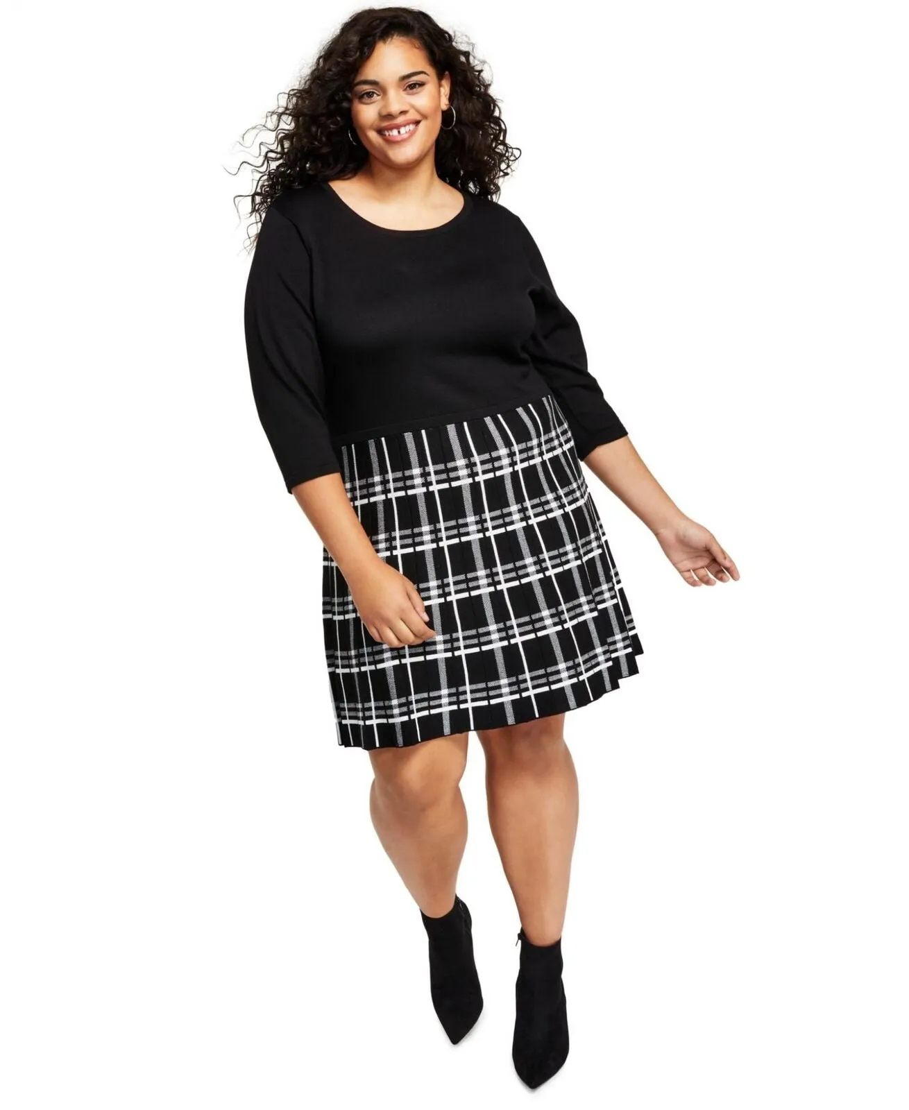 BCX Womens Trendy Plus Size Plaid Fit & Flare Sweater Dress 1235U21 Black 2XL
