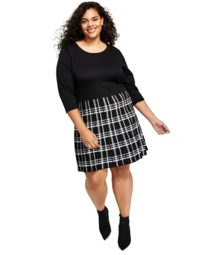 BCX Womens Trendy Plus Size Plaid Fit & Flare Sweater Dress 1235U21 Black 2XL