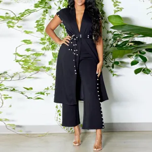 Beaded Deep V-Neck Belted Top & Wide Leg Pants Set