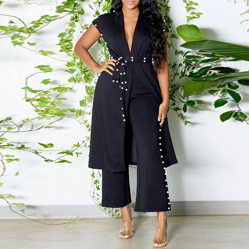 Beaded Deep V-Neck Belted Top & Wide Leg Pants Set
