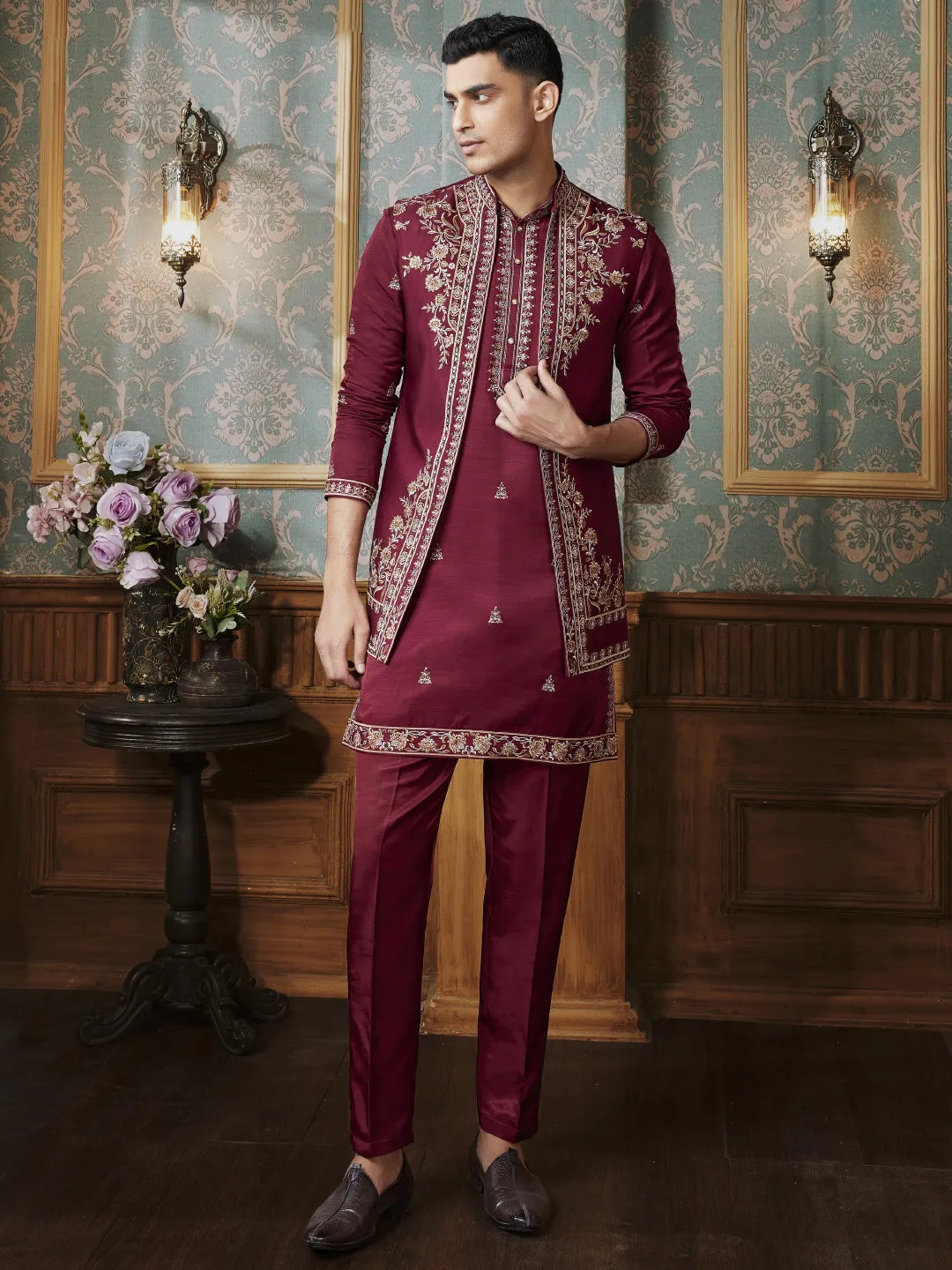 Beautiful ThreadWork Three Piece Magenta Indo Western Jacket Set