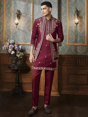 Beautiful ThreadWork Three Piece Magenta Indo Western Jacket Set