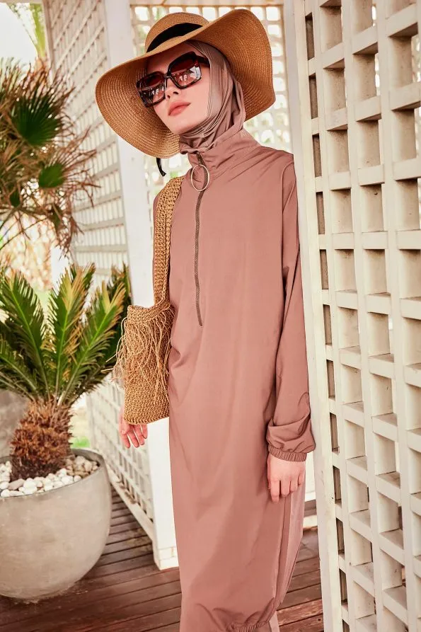 Beige Elegant Woven Full Burkini Swimwear