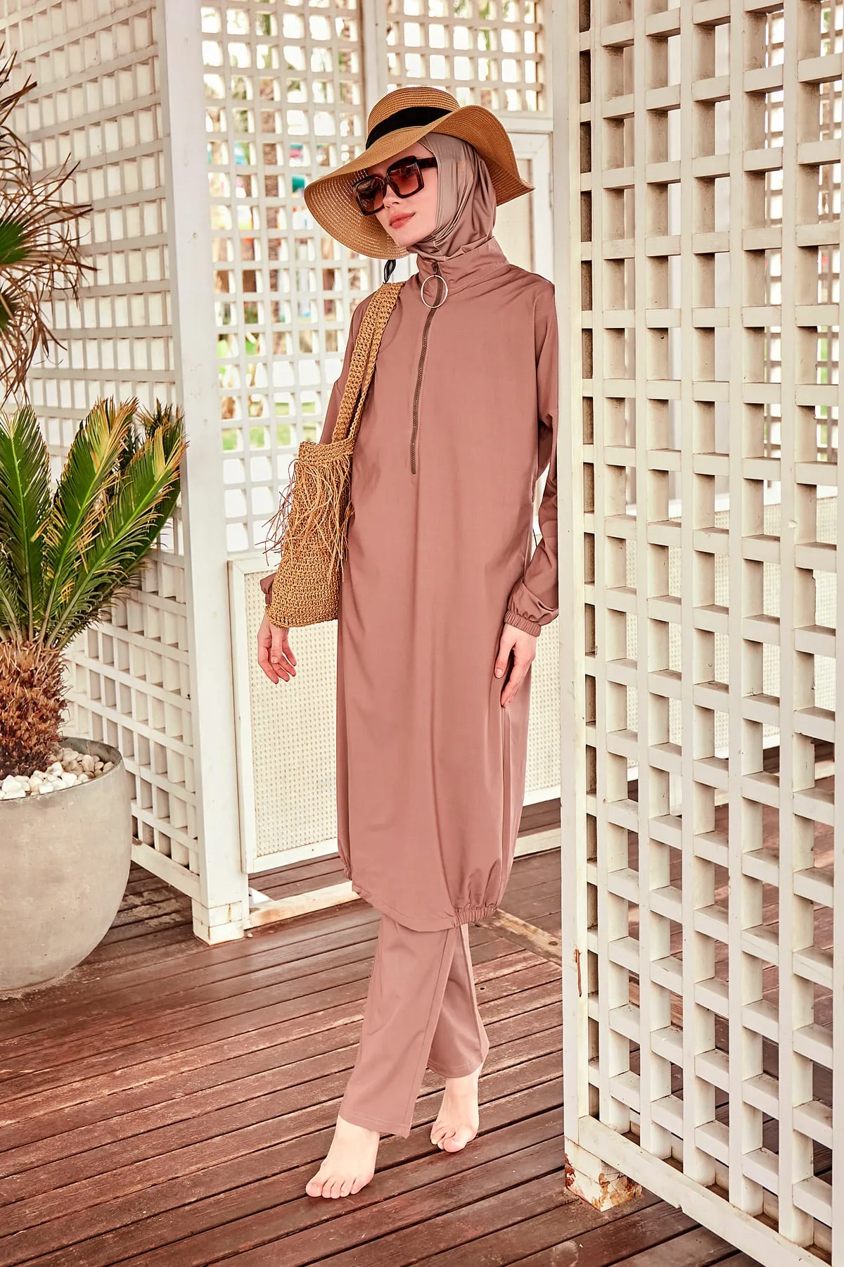 Beige Elegant Woven Full Burkini Swimwear