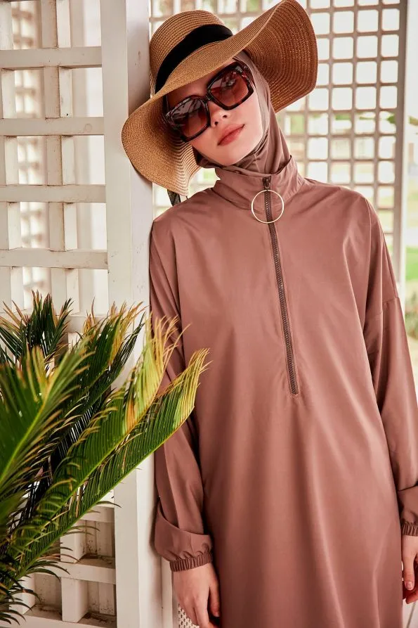 Beige Elegant Woven Full Burkini Swimwear
