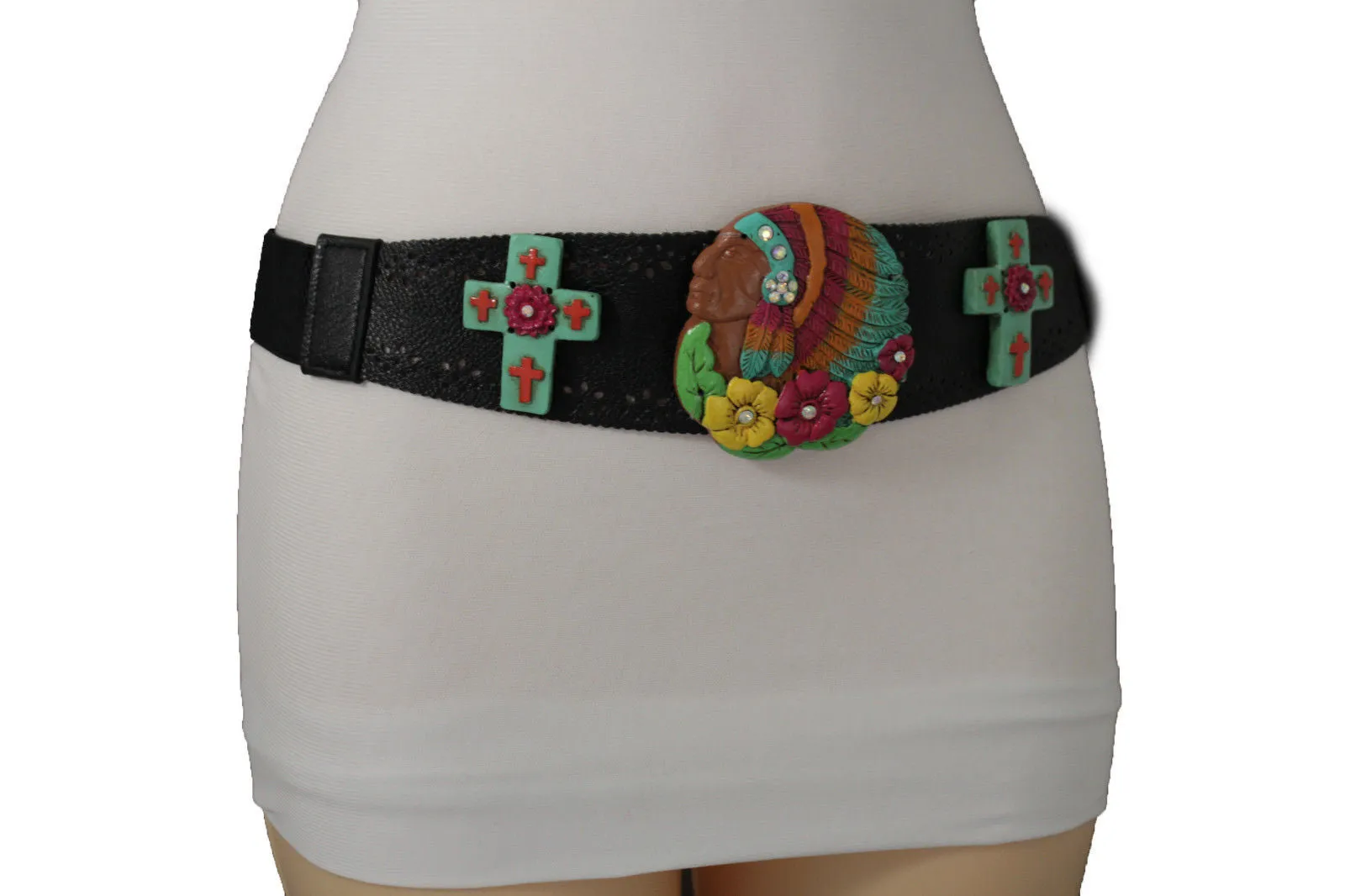 Black Faux Leather Stretch Turquoise Cross Flowers Indian Western Belt S-M