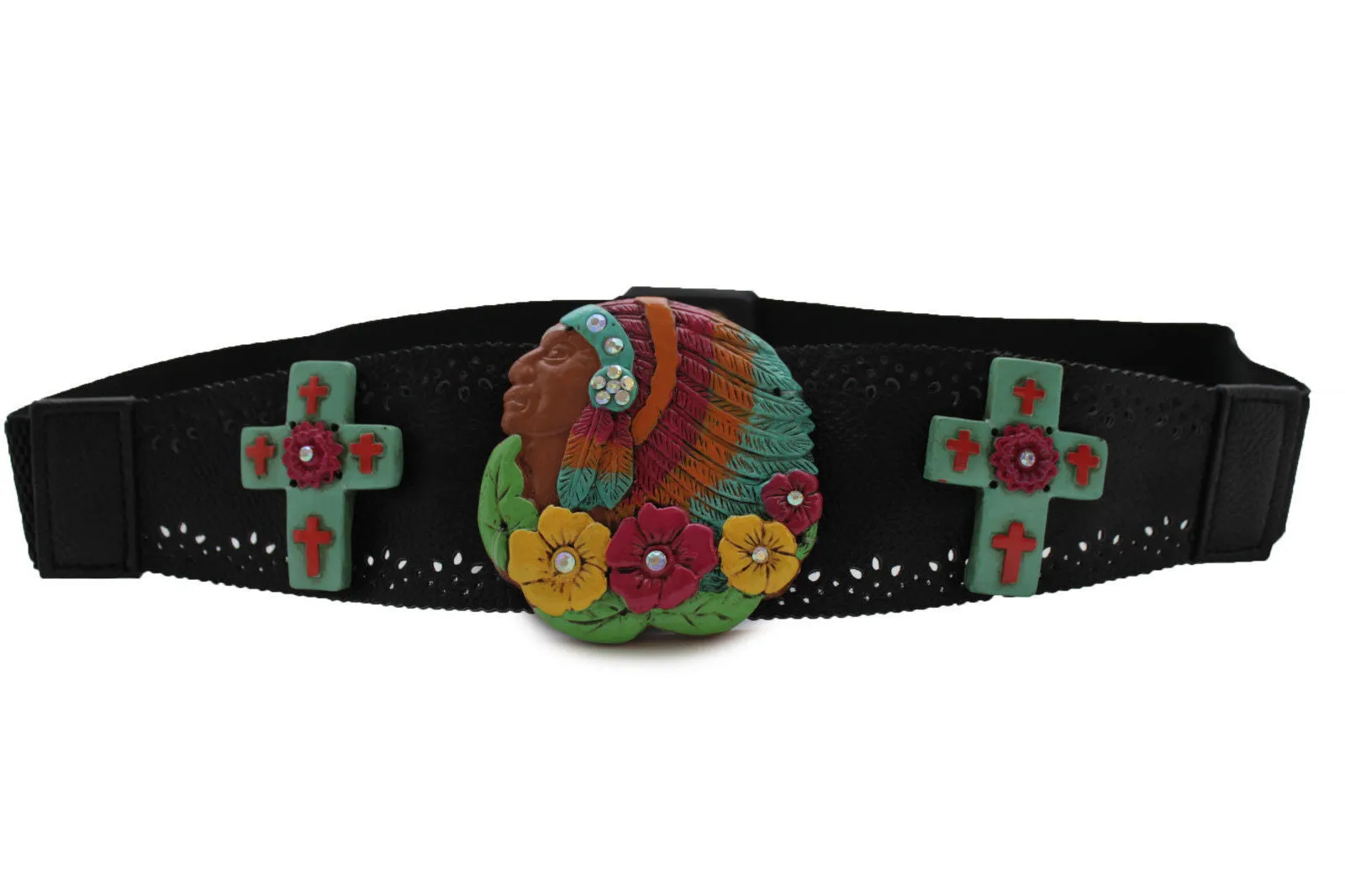 Black Faux Leather Stretch Turquoise Cross Flowers Indian Western Belt S-M
