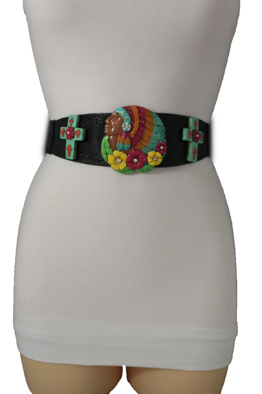 Black Faux Leather Stretch Turquoise Cross Flowers Indian Western Belt S-M
