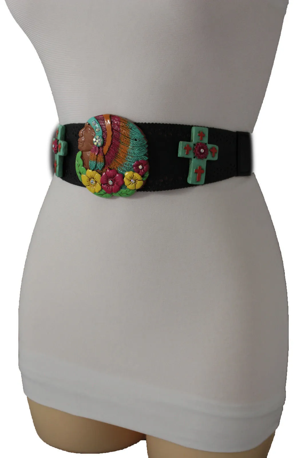 Black Faux Leather Stretch Turquoise Cross Flowers Indian Western Belt S-M
