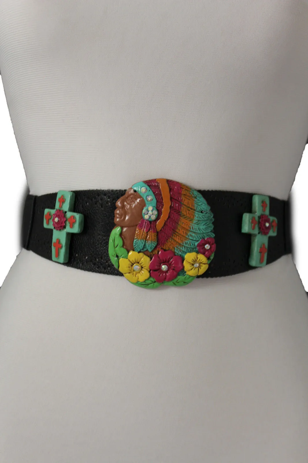 Black Faux Leather Stretch Turquoise Cross Flowers Indian Western Belt S-M