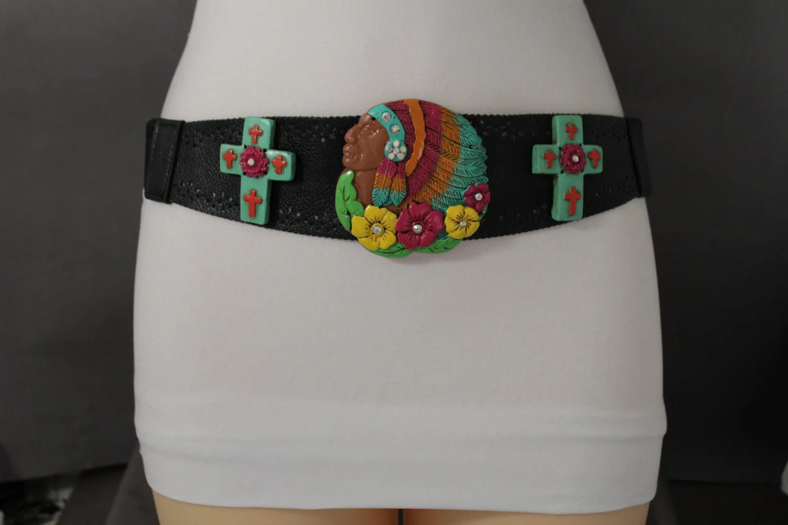 Black Faux Leather Stretch Turquoise Cross Flowers Indian Western Belt S-M