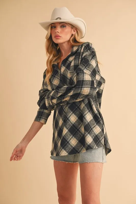 Black Plaid Half Zip Drop Shoulder Top
