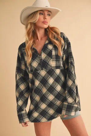 Black Plaid Half Zip Drop Shoulder Top