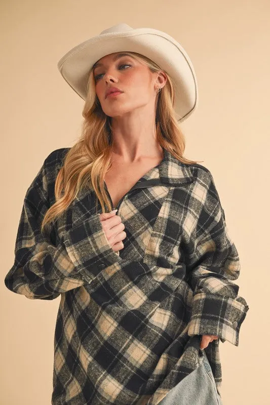 Black Plaid Half Zip Drop Shoulder Top