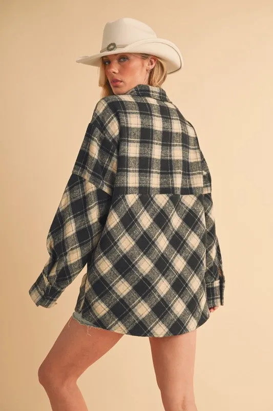 Black Plaid Half Zip Drop Shoulder Top
