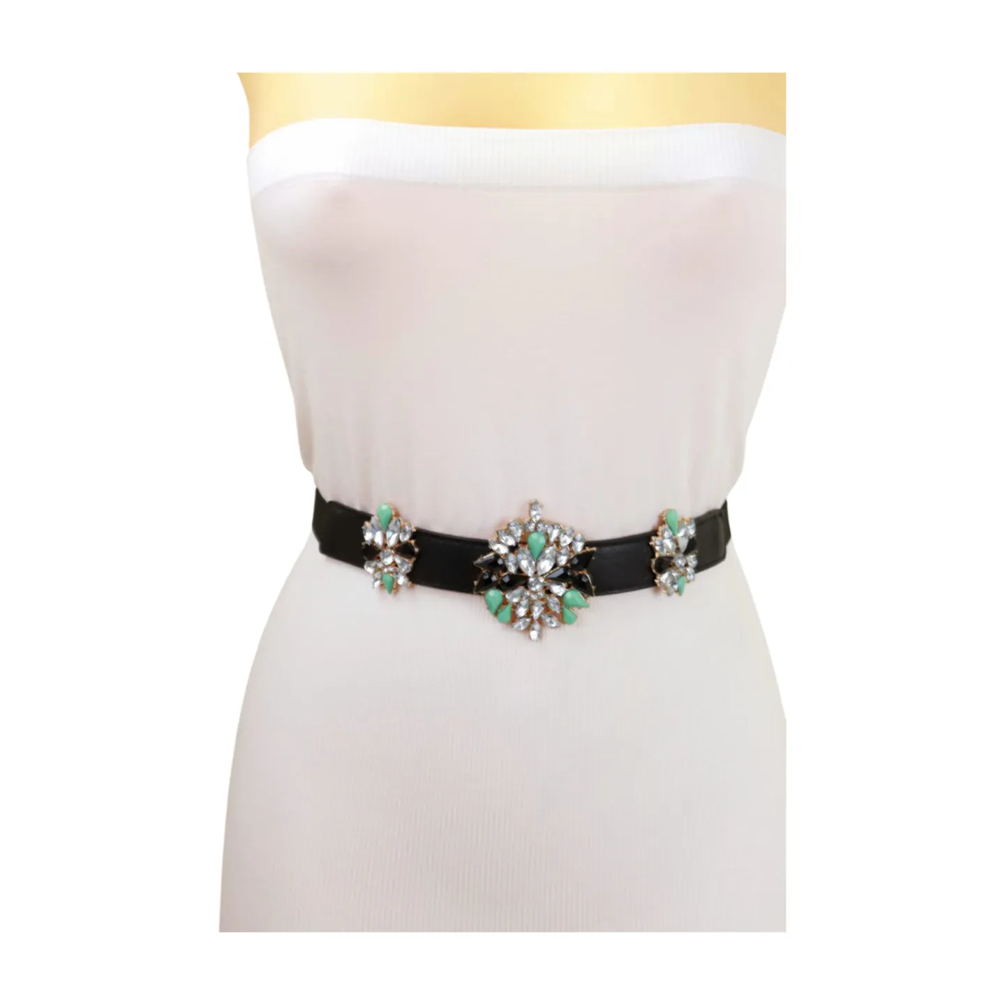 Black Skinny Elastic Belt Blue Flower Charm Fit S M
