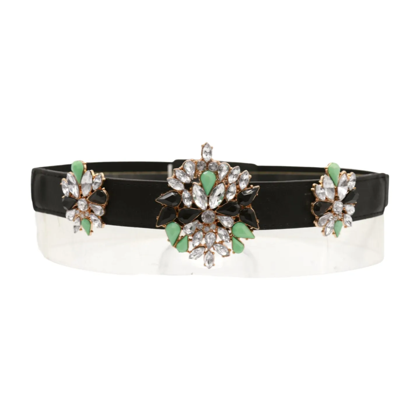 Black Skinny Elastic Belt Blue Flower Charm Fit S M