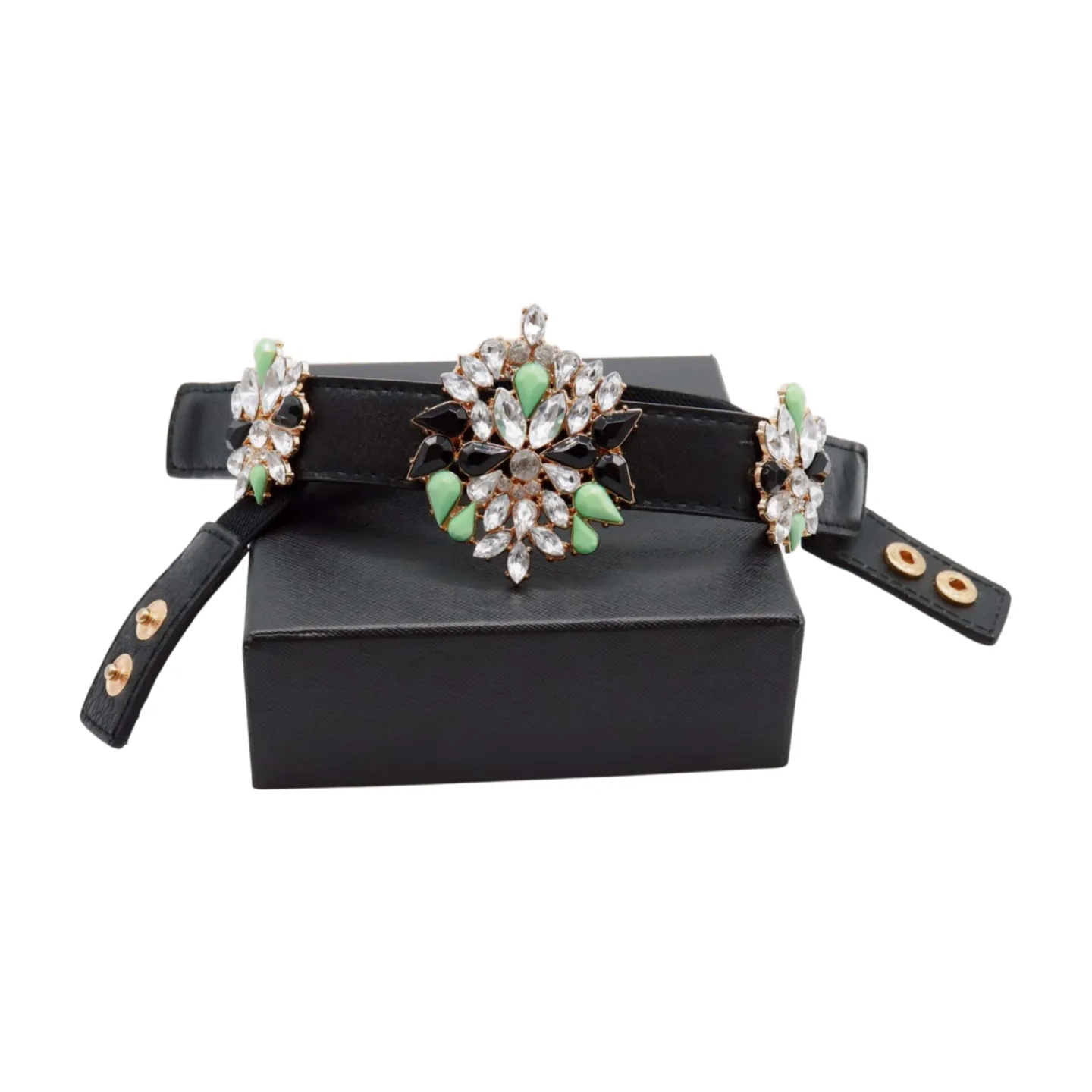 Black Skinny Elastic Belt Blue Flower Charm Fit S M