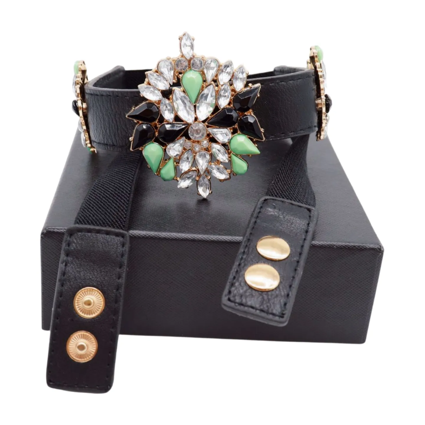 Black Skinny Elastic Belt Blue Flower Charm Fit S M