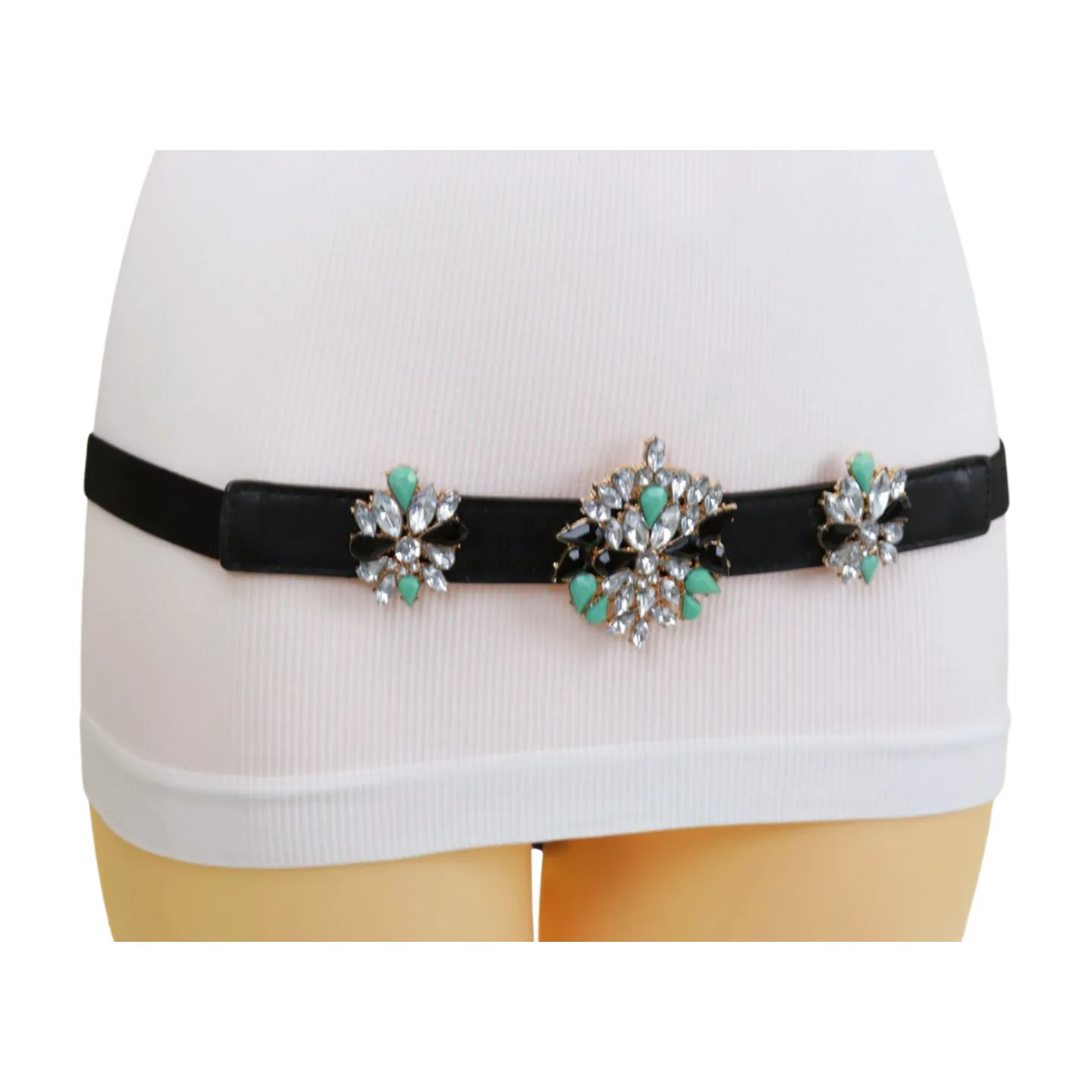Black Skinny Elastic Belt Blue Flower Charm Fit S M