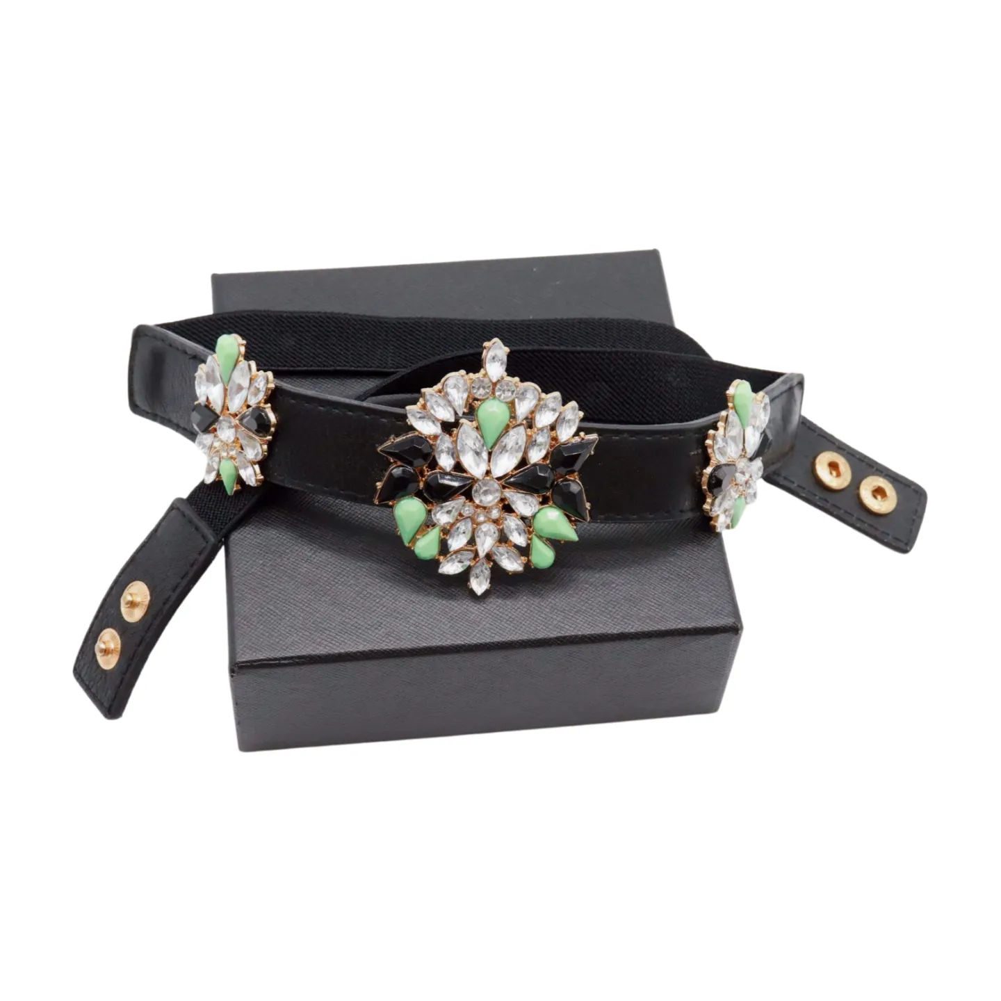 Black Skinny Elastic Belt Blue Flower Charm Fit S M