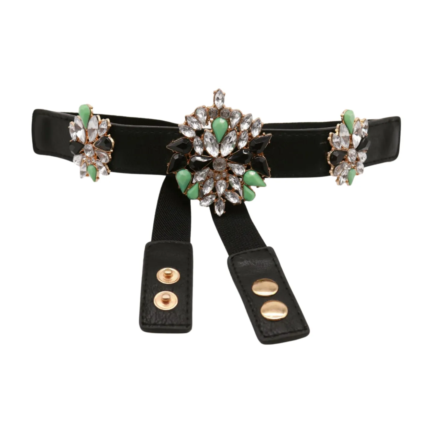 Black Skinny Elastic Belt Blue Flower Charm Fit S M