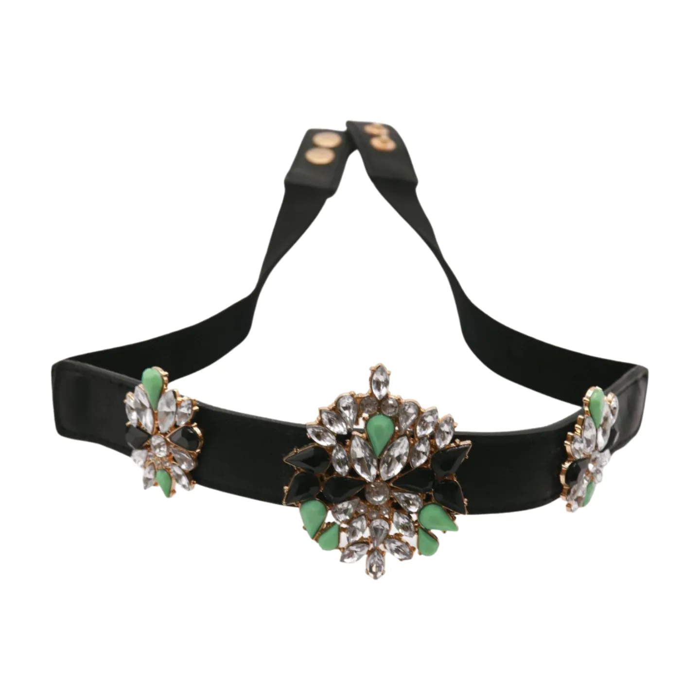 Black Skinny Elastic Belt Blue Flower Charm Fit S M