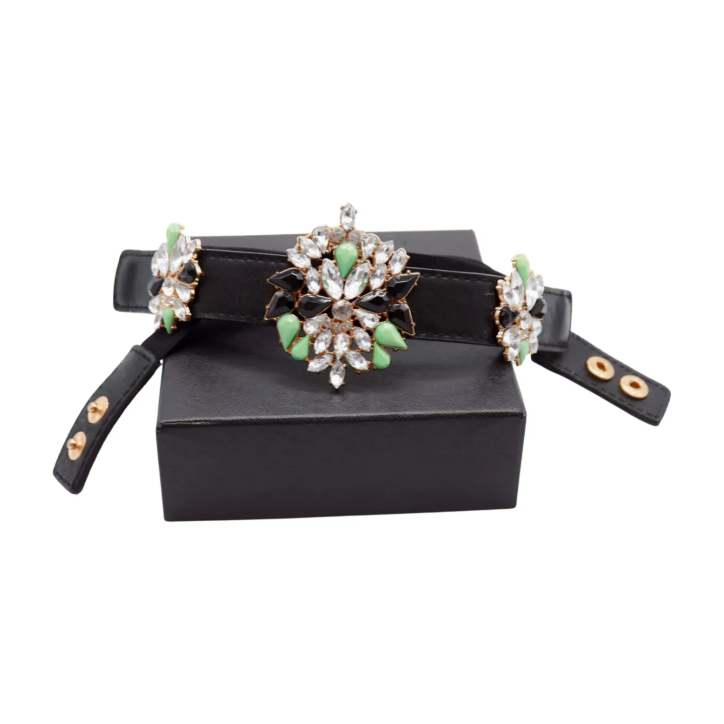 Black Skinny Elastic Belt Blue Flower Charm Fit S M