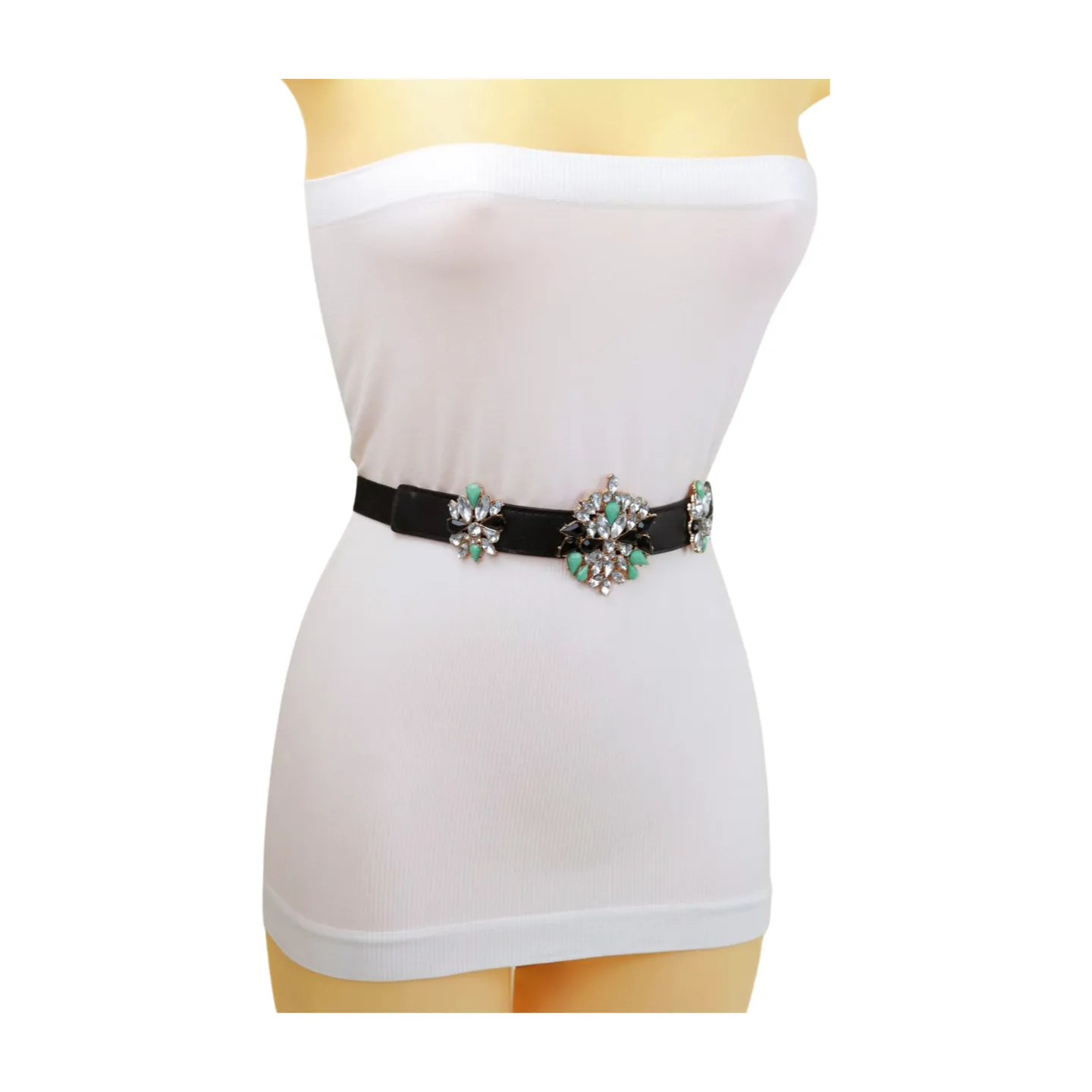 Black Skinny Elastic Belt Blue Flower Charm Fit S M