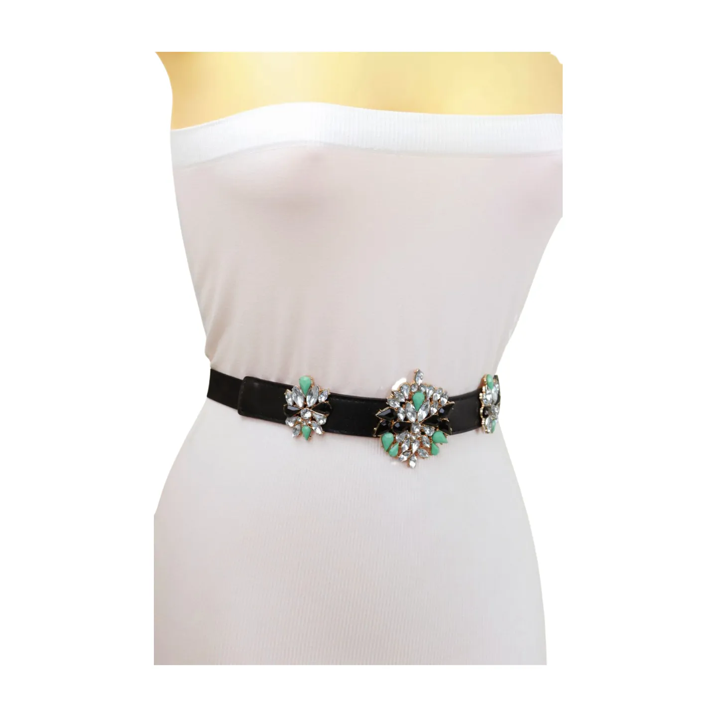 Black Skinny Elastic Belt Blue Flower Charm Fit S M