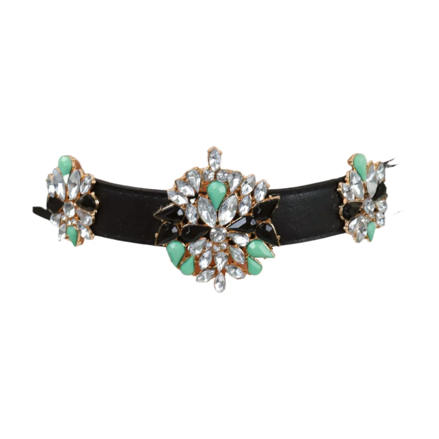 Black Skinny Elastic Belt Blue Flower Charm Fit S M