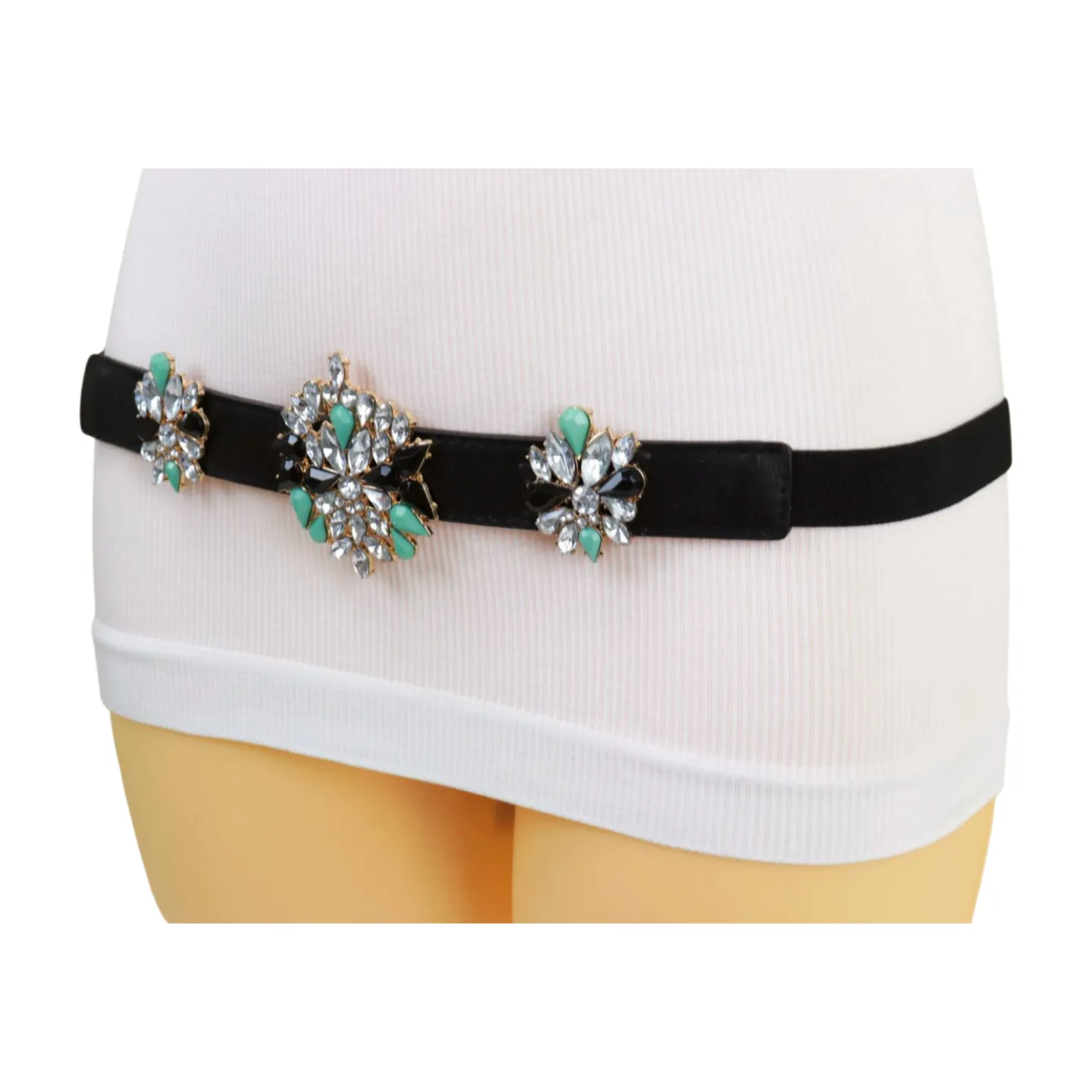Black Skinny Elastic Belt Blue Flower Charm Fit S M