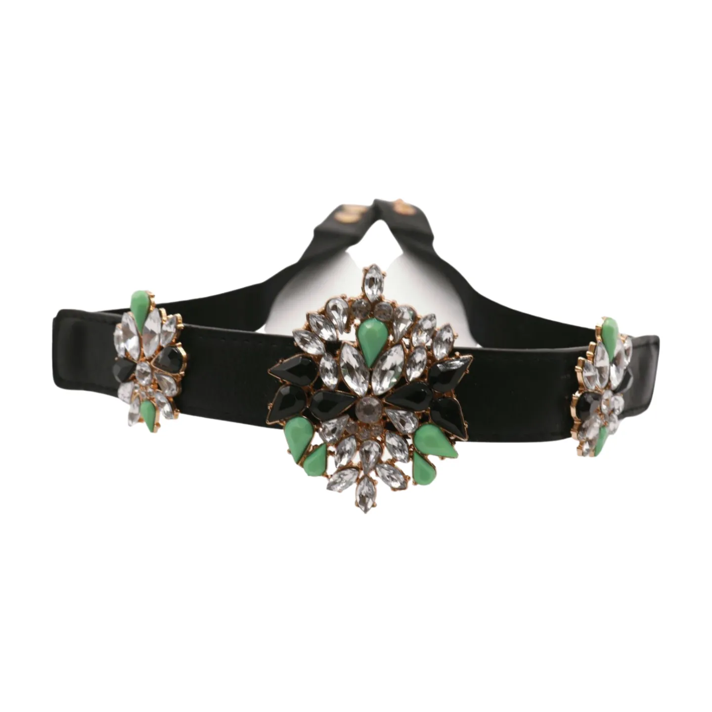 Black Skinny Elastic Belt Blue Flower Charm Fit S M